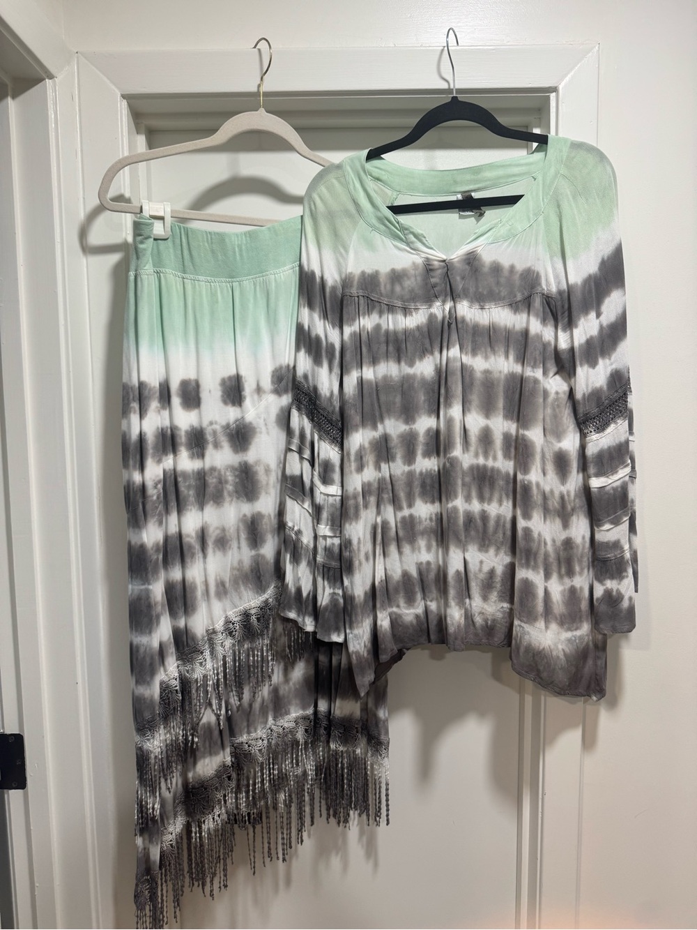 XCVI Mint, White & Gray Tie-Dye Maxi Skirt Set